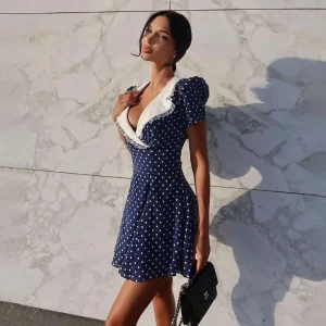 Elegant Polka Dot Short Sleeve Lapel Slim Mini Dress
