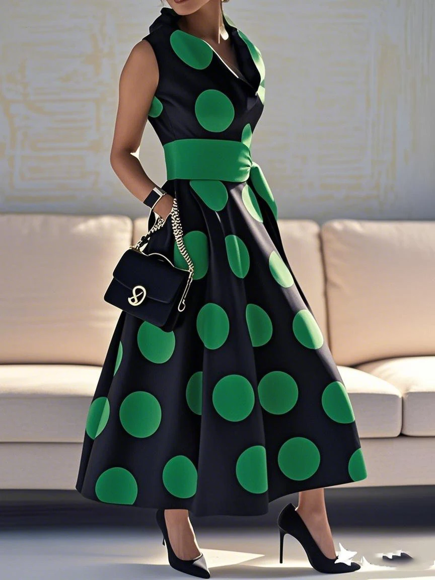 Elegant Polka-dot Tied Waist A-line Party Long Maxi Dresses - Image 3