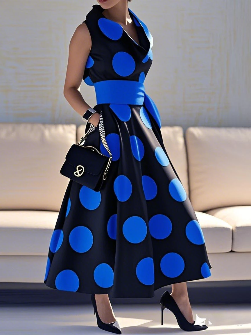 Elegant Polka-dot Tied Waist A-line Party Long Maxi Dresses - Image 2