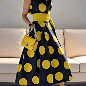 Elegant Polka-dot Tied Waist A-line Party Long Maxi Dresses