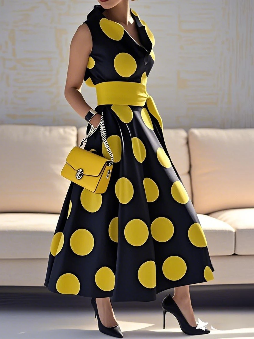 Elegant Polka-dot Tied Waist A-line Party Long Maxi Dresses