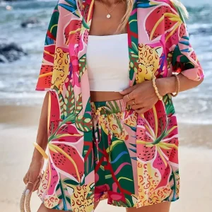 Elegant Polyester Printed Shirts Resort Print Two Piece Set