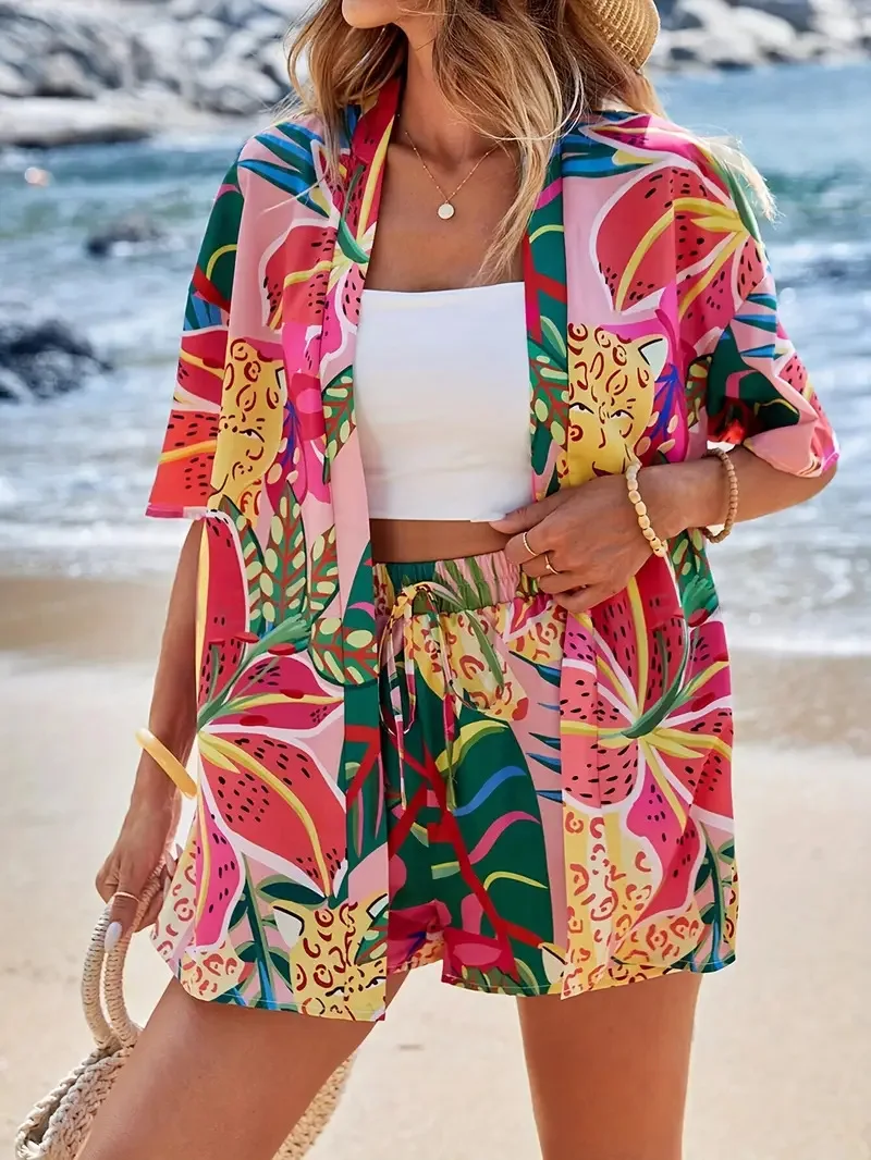 Elegant Polyester Printed Shirts Resort Print Two Piece Set