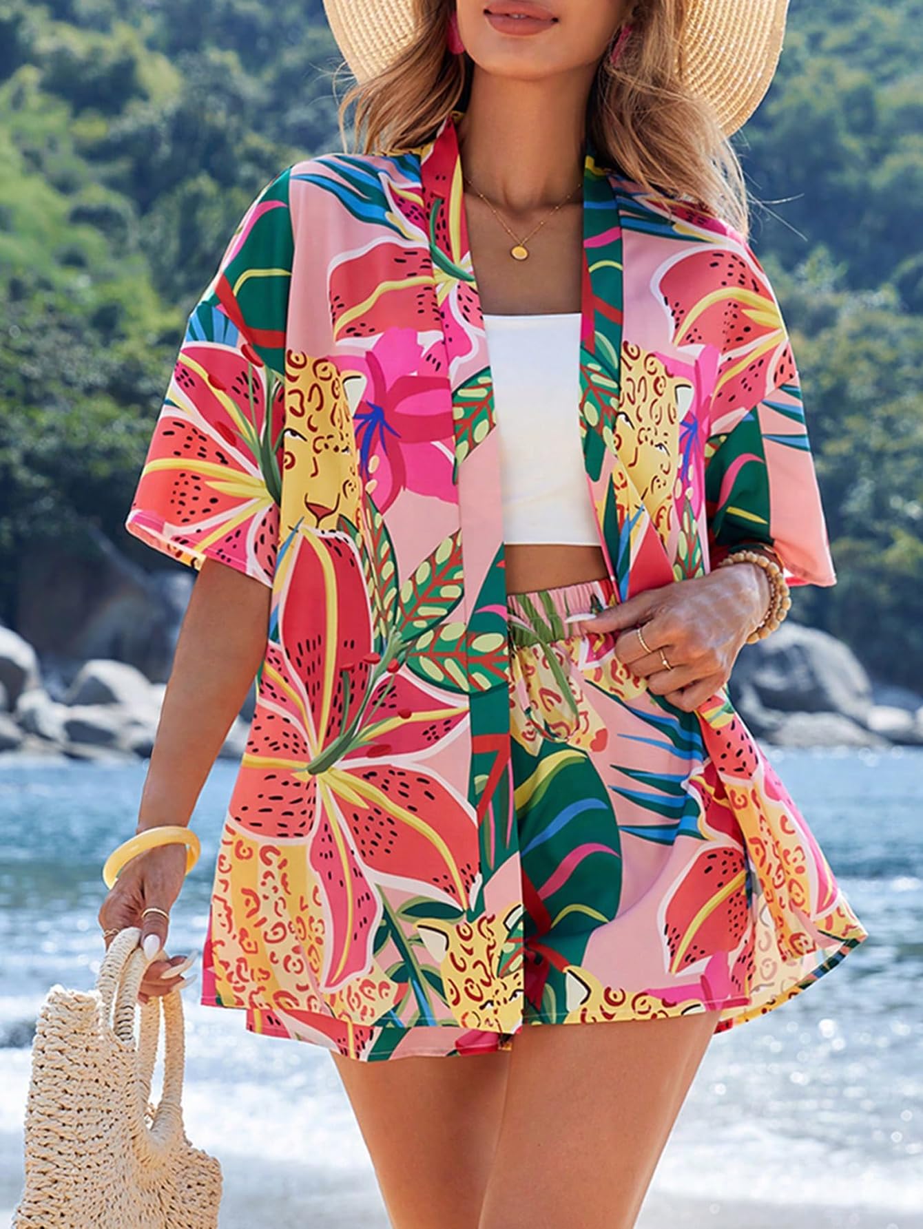 Elegant Polyester Printed Shirts Resort Print Two Piece Set - Image 2