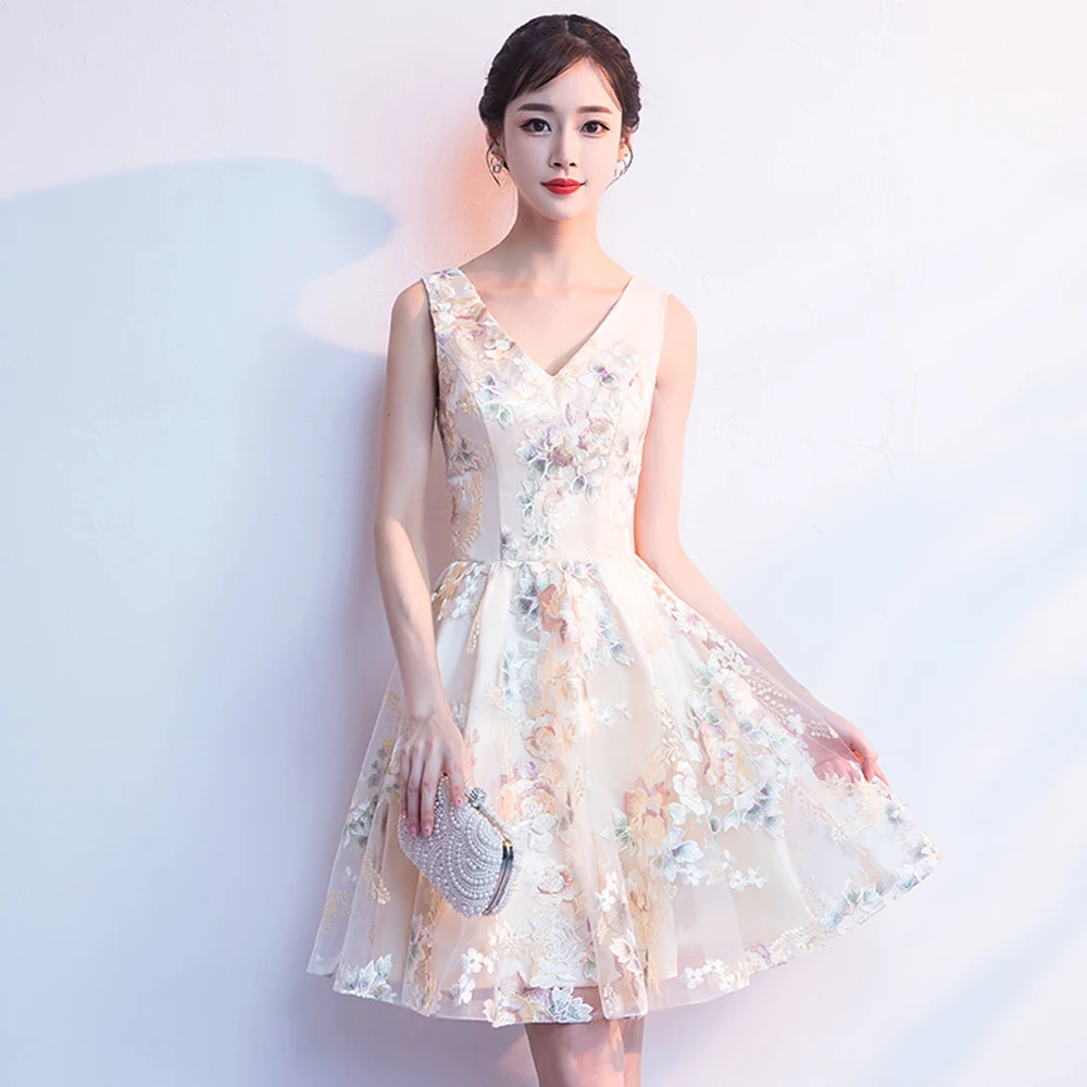 Elegant Pretty V-Neck Student Young Floral Print Bandage Party Flowers Graduation Short Dresses
