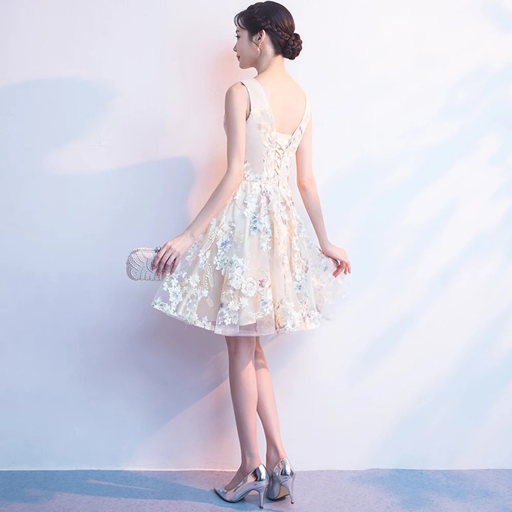 Elegant Pretty V-Neck Student Young Floral Print Bandage Party Flowers Graduation Short Dresses - Image 3