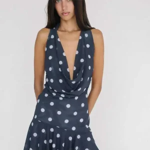 Elegant Print Polka Dot Backless Halter Deep V-neck Bandage Party Club Dress