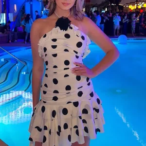 Elegant Print Polka Dot Halter Ruffles Backless High Waist Party Club Dress