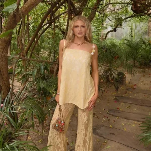 Elegant Print Top Lace Sleeveless Beading Backless Top See Through Wide Leg Trousers Pant Set