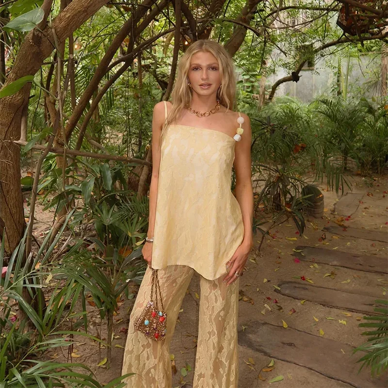 Elegant Print Top Lace Sleeveless Beading Backless Top See Through Wide Leg Trousers Pant Set