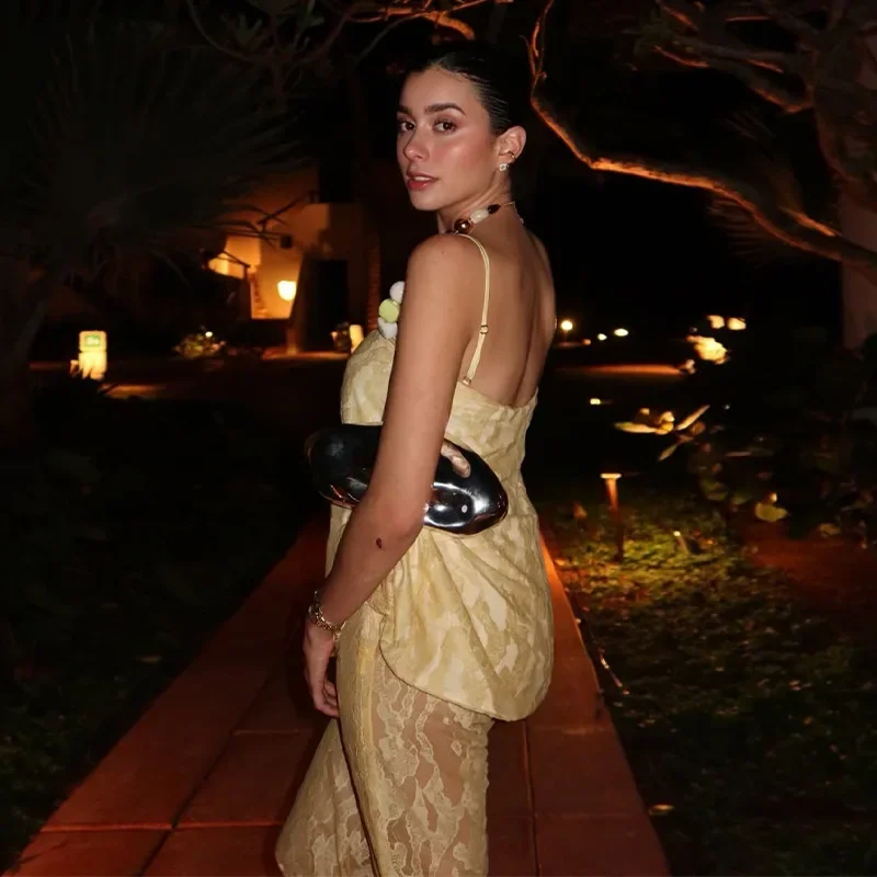 Elegant Print Top Lace Sleeveless Beading Backless Top See Through Wide Leg Trousers Pant Set - Image 8