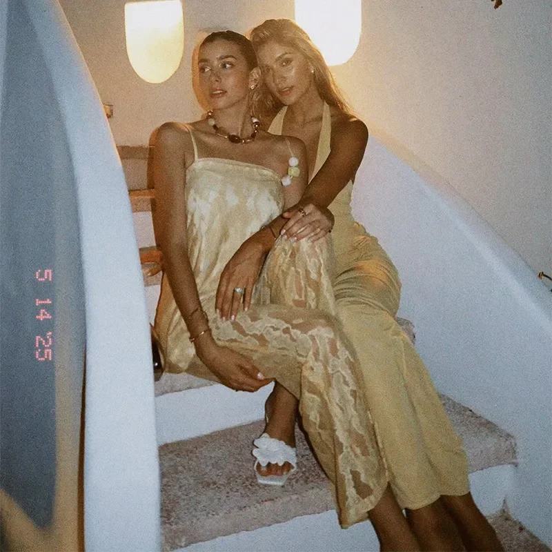 Elegant Print Top Lace Sleeveless Beading Backless Top See Through Wide Leg Trousers Pant Set - Image 6