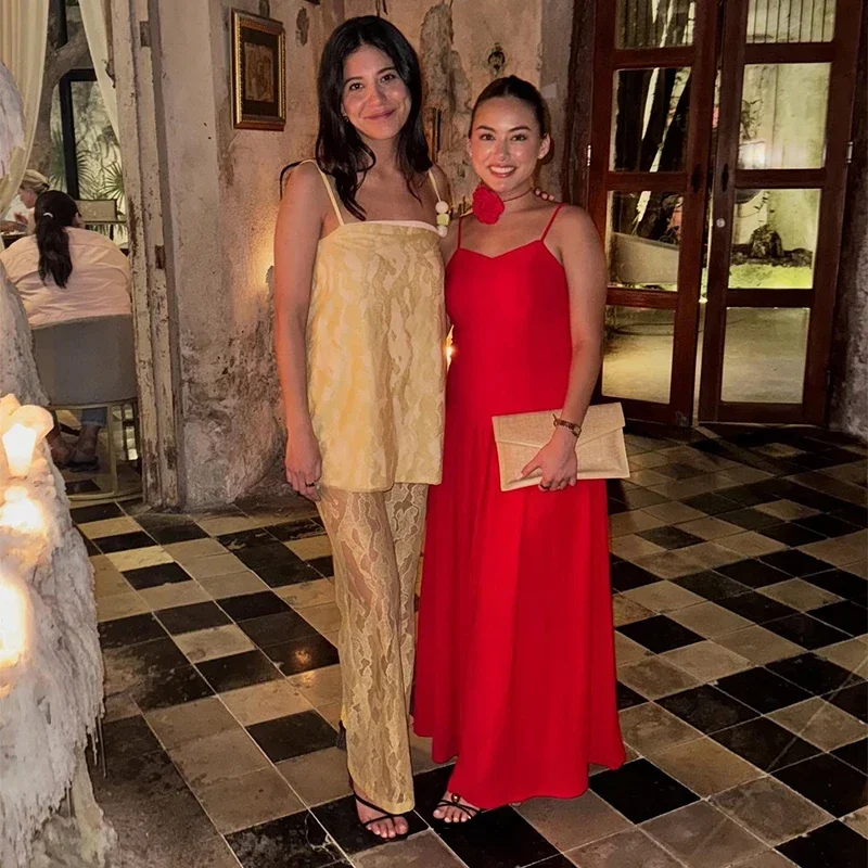 Elegant Print Top Lace Sleeveless Beading Backless Top See Through Wide Leg Trousers Pant Set - Image 7