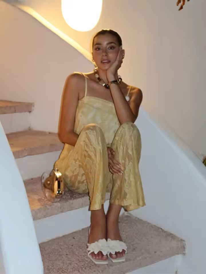 Elegant Print Top Lace Sleeveless Beading Backless Top See Through Wide Leg Trousers Pant Set - Image 4