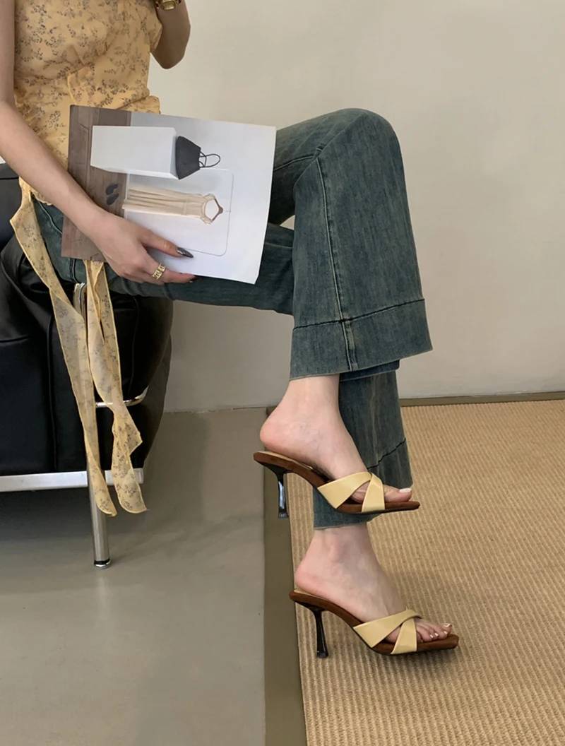 Elegant Retro Style Rubber Square Toe Slip On High Heel Sandals - Image 5