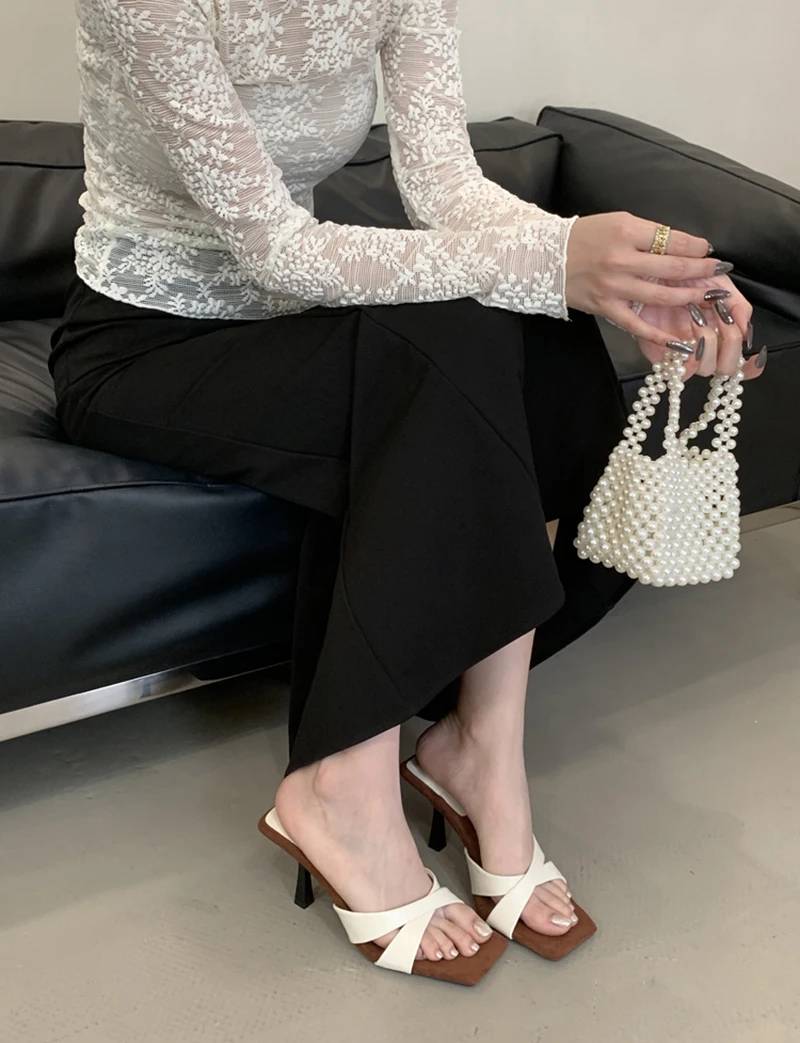 Elegant Retro Style Rubber Square Toe Slip On High Heel Sandals - Image 14