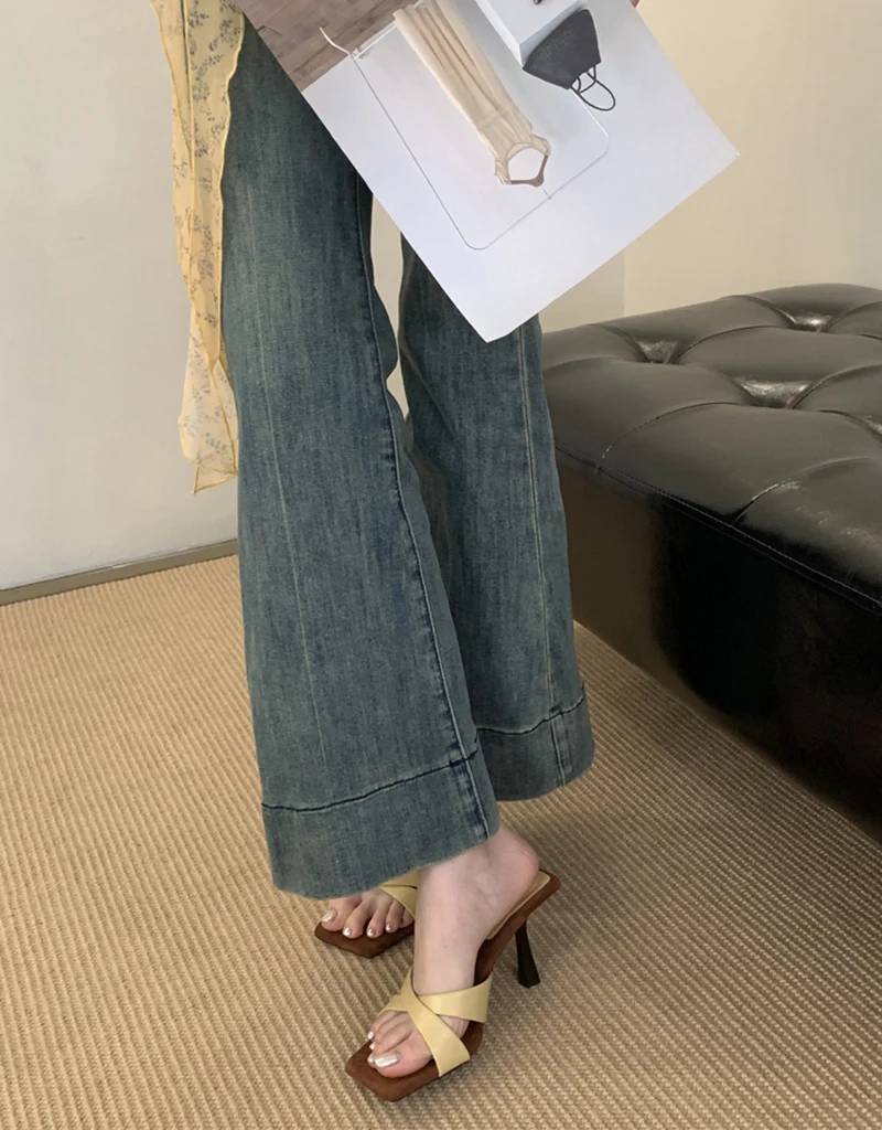 Elegant Retro Style Rubber Square Toe Slip On High Heel Sandals - Image 2