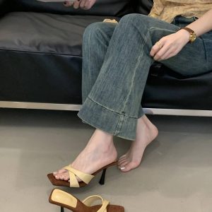 Elegant Retro Style Rubber Square Toe Slip On High Heel Sandals