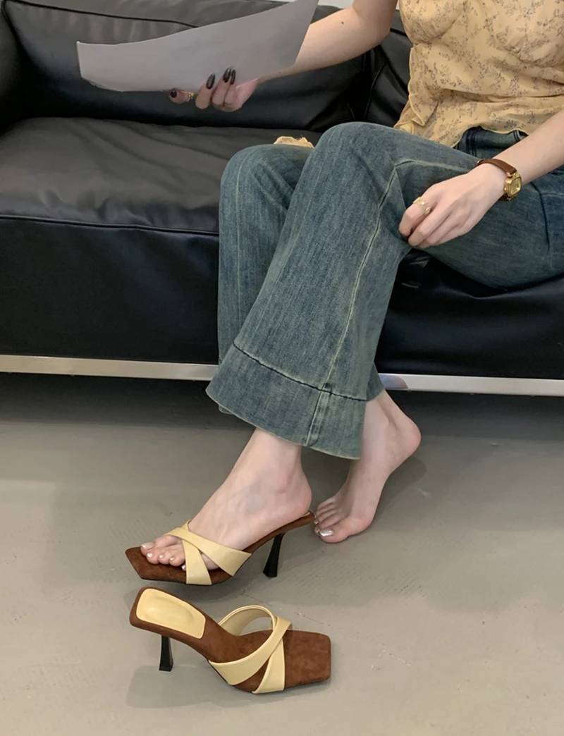 Elegant Retro Style Rubber Square Toe Slip On High Heel Sandals