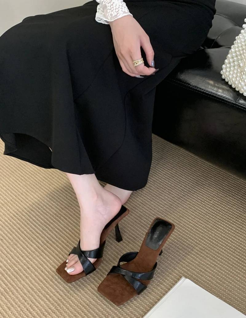 Elegant Retro Style Rubber Square Toe Slip On High Heel Sandals - Image 11