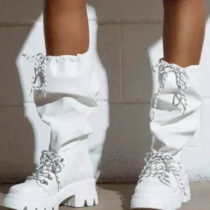 Elegant Round Toe Lace Up Flat Round Rubber Lining Mid Calf Boots