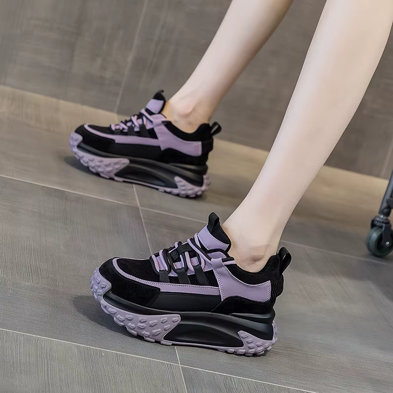 Elegant Rubber Genuine Leather Platform Wedge Chunky Shoes