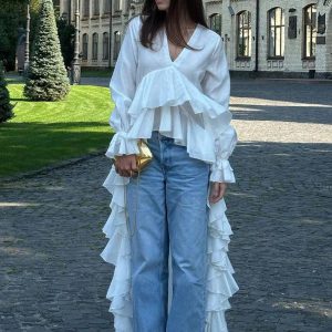 Elegant Pullover Ruffle Irregular V-Neck Long Sleeve Loose Shirts