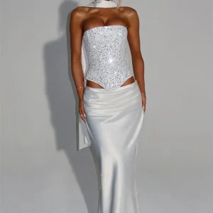 Elegant Sequins Sparkle Scarf Collar Crop Tops And Maxi Skirt Club Party Satin Skirt Matching Set