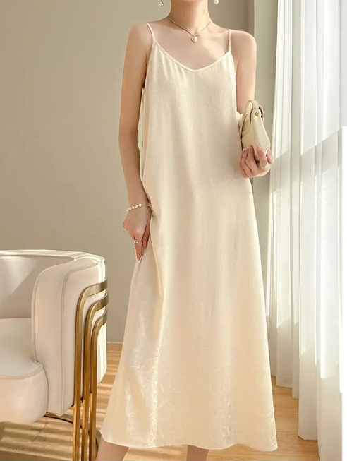 Elegant Silk Sleeveless Loose Long Nightie Home Slip Dress - Image 5