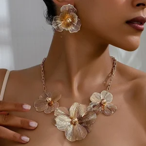 Elegant Skeleton Metal Flower Accessories Hot Sale Party Gift Necklace Earrings Set