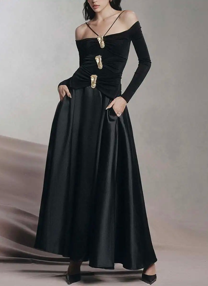 Elegant Slash Neck Long Sleeves High Waist Patchwork Folds A Line Dresses - Image 2