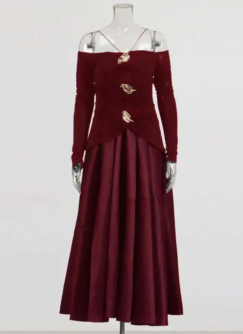 Elegant Slash Neck Long Sleeves High Waist Patchwork Folds A Line Dresses - Image 11