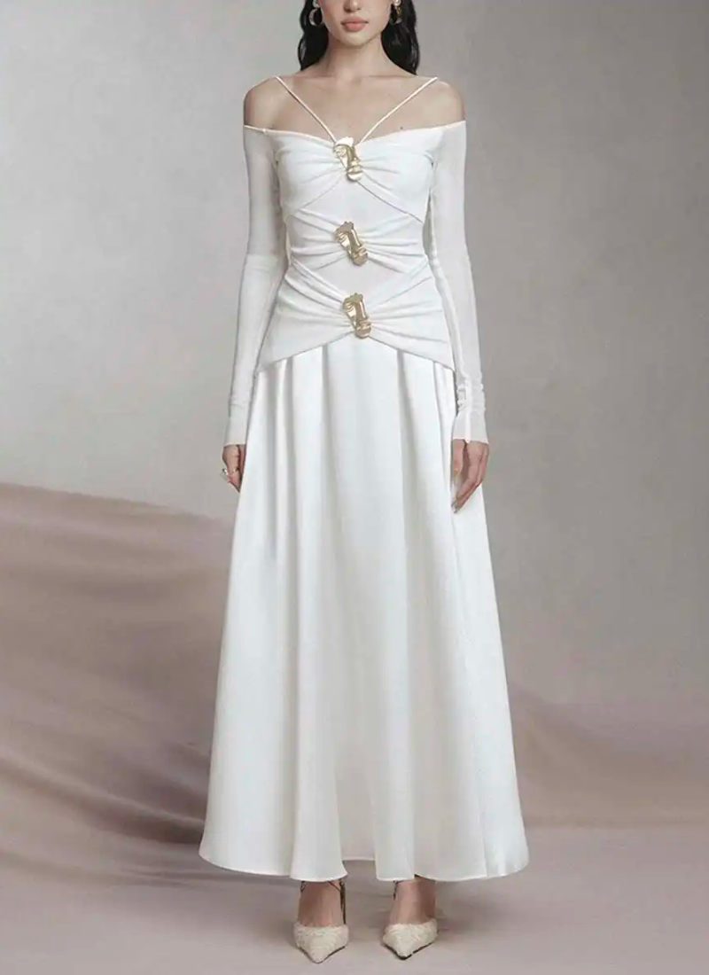 Elegant Slash Neck Long Sleeves High Waist Patchwork Folds A Line Dresses - Image 8