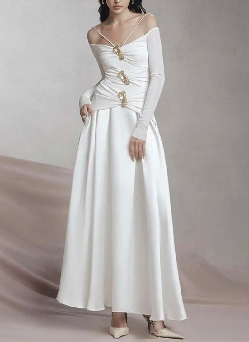 Elegant Slash Neck Long Sleeves High Waist Patchwork Folds A Line Dresses - Image 7