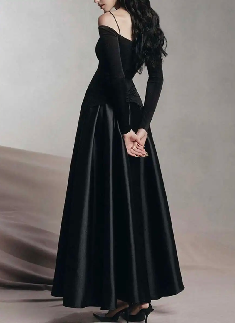 Elegant Slash Neck Long Sleeves High Waist Patchwork Folds A Line Dresses - Image 4