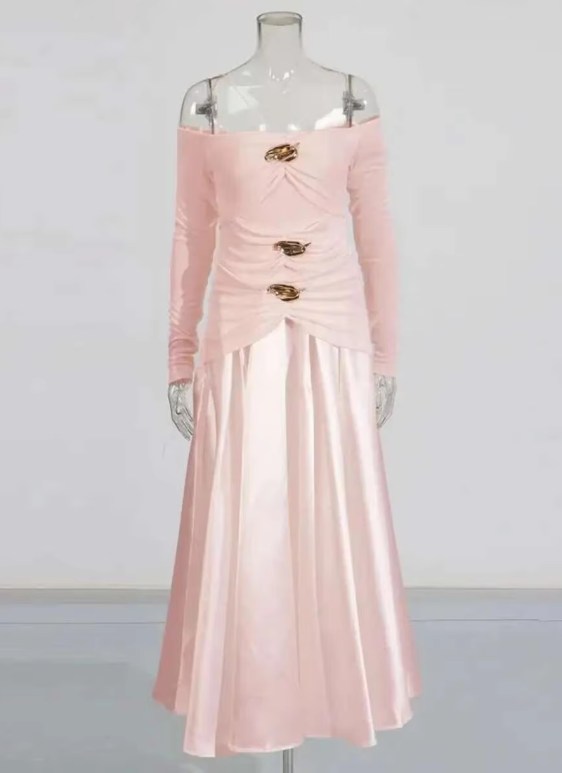 Elegant Slash Neck Long Sleeves High Waist Patchwork Folds A Line Dresses - Image 13