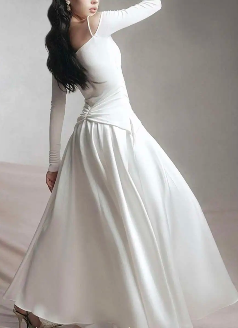 Elegant Slash Neck Long Sleeves High Waist Patchwork Folds A Line Dresses - Image 6