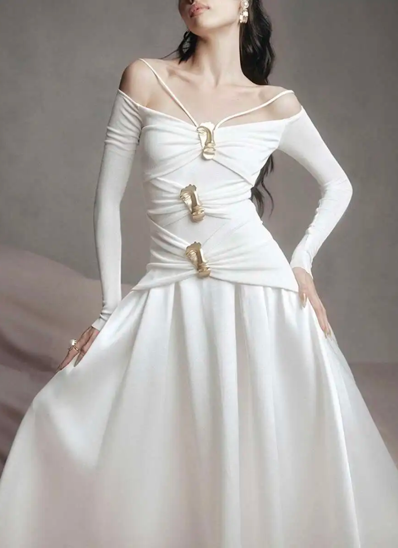 Elegant Slash Neck Long Sleeves High Waist Patchwork Folds A Line Dresses - Image 5