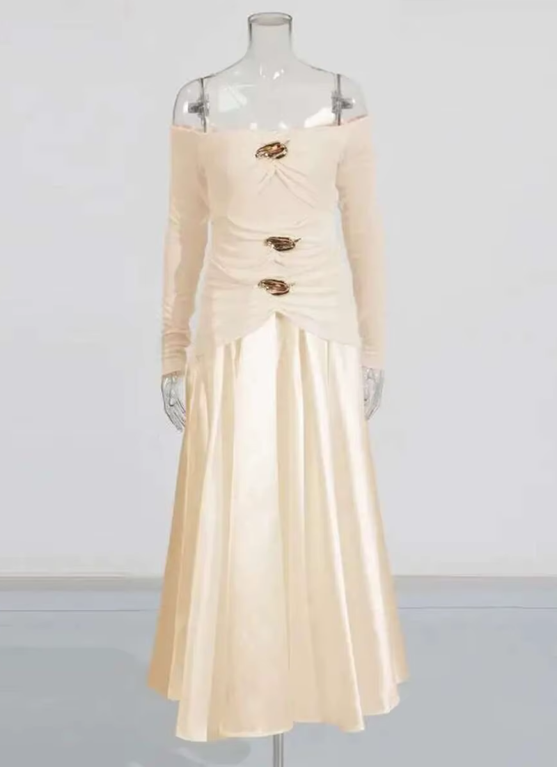 Elegant Slash Neck Long Sleeves High Waist Patchwork Folds A Line Dresses - Image 12