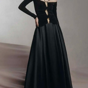 Elegant Slash Neck Long Sleeves High Waist Patchwork Folds A Line Dresses