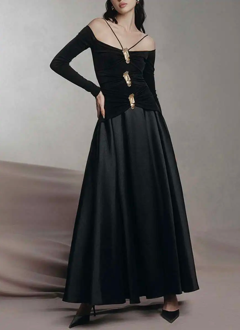 Elegant Slash Neck Long Sleeves High Waist Patchwork Folds A Line Dresses