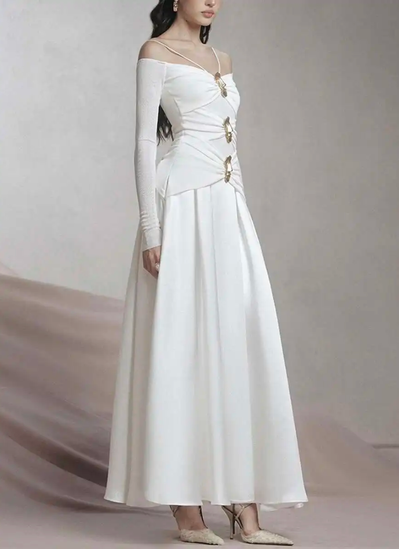 Elegant Slash Neck Long Sleeves High Waist Patchwork Folds A Line Dresses - Image 10