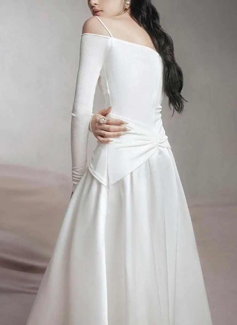 Elegant Slash Neck Long Sleeves High Waist Patchwork Folds A Line Dresses - Image 9