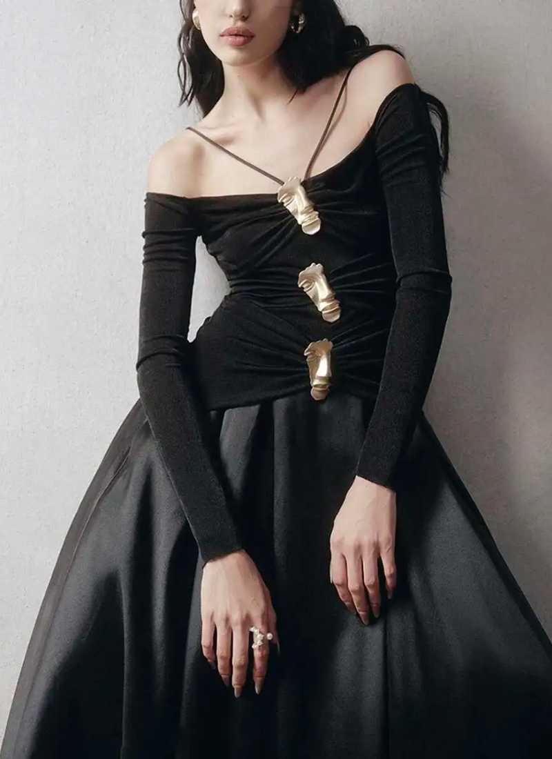 Elegant Slash Neck Long Sleeves High Waist Patchwork Folds A Line Dresses - Image 3