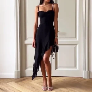 Elegant Sleeveless Backless Irregular Spaghetti Strap Ruffle Club Party Midi Dress