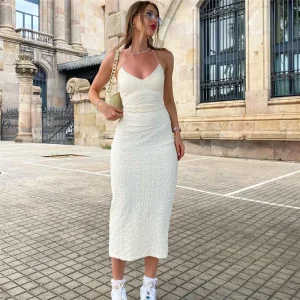 Elegant Sleeveless Backless Slim Low-cut Solid Knit Streetwear Club Dress
