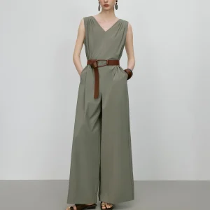 Elegant Sleeveless Tank Style High-Waisted Wide Leg Cotton Blend Jumpsuit