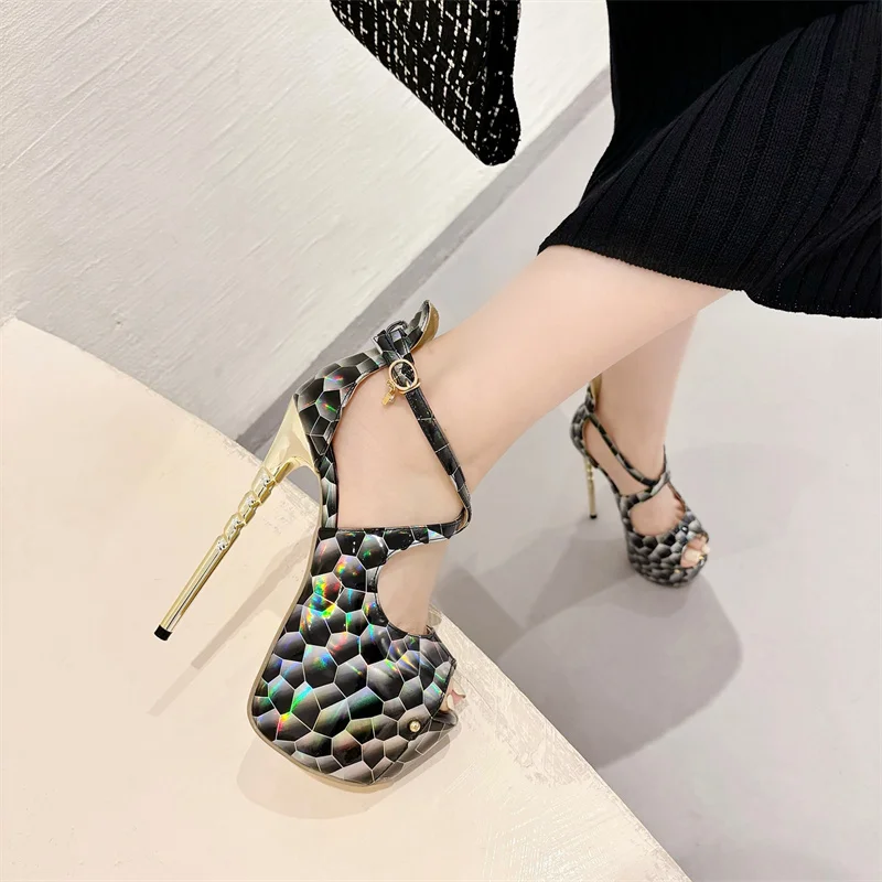 Elegant Snake Print Peep Toe Buckle Strap Platform Evening Party High Heels - Image 2