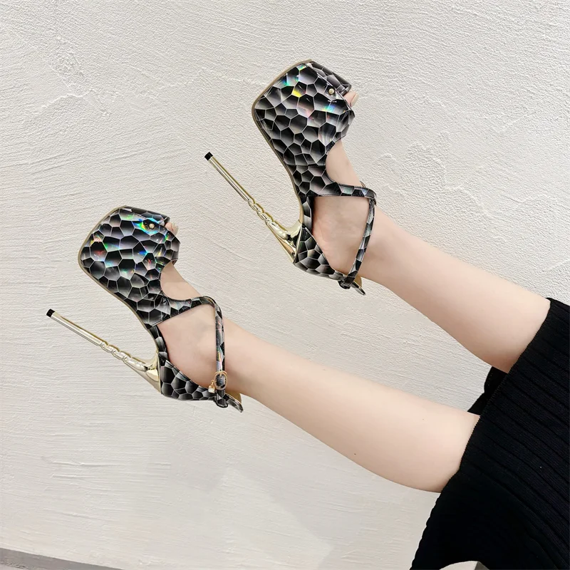 Elegant Snake Print Peep Toe Buckle Strap Platform Evening Party High Heels - Image 3