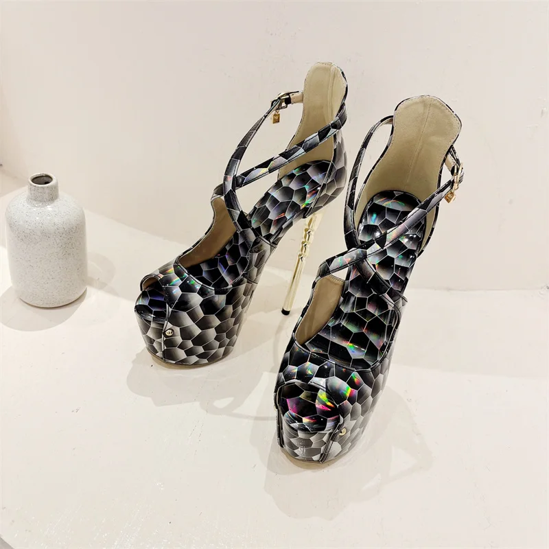 Elegant Snake Print Peep Toe Buckle Strap Platform Evening Party High Heels - Image 5